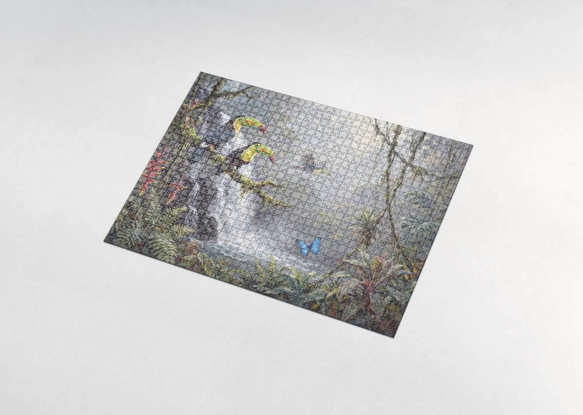 Rainforest Waterfall with Toucans jigsaw puzzle - assembled puzzle