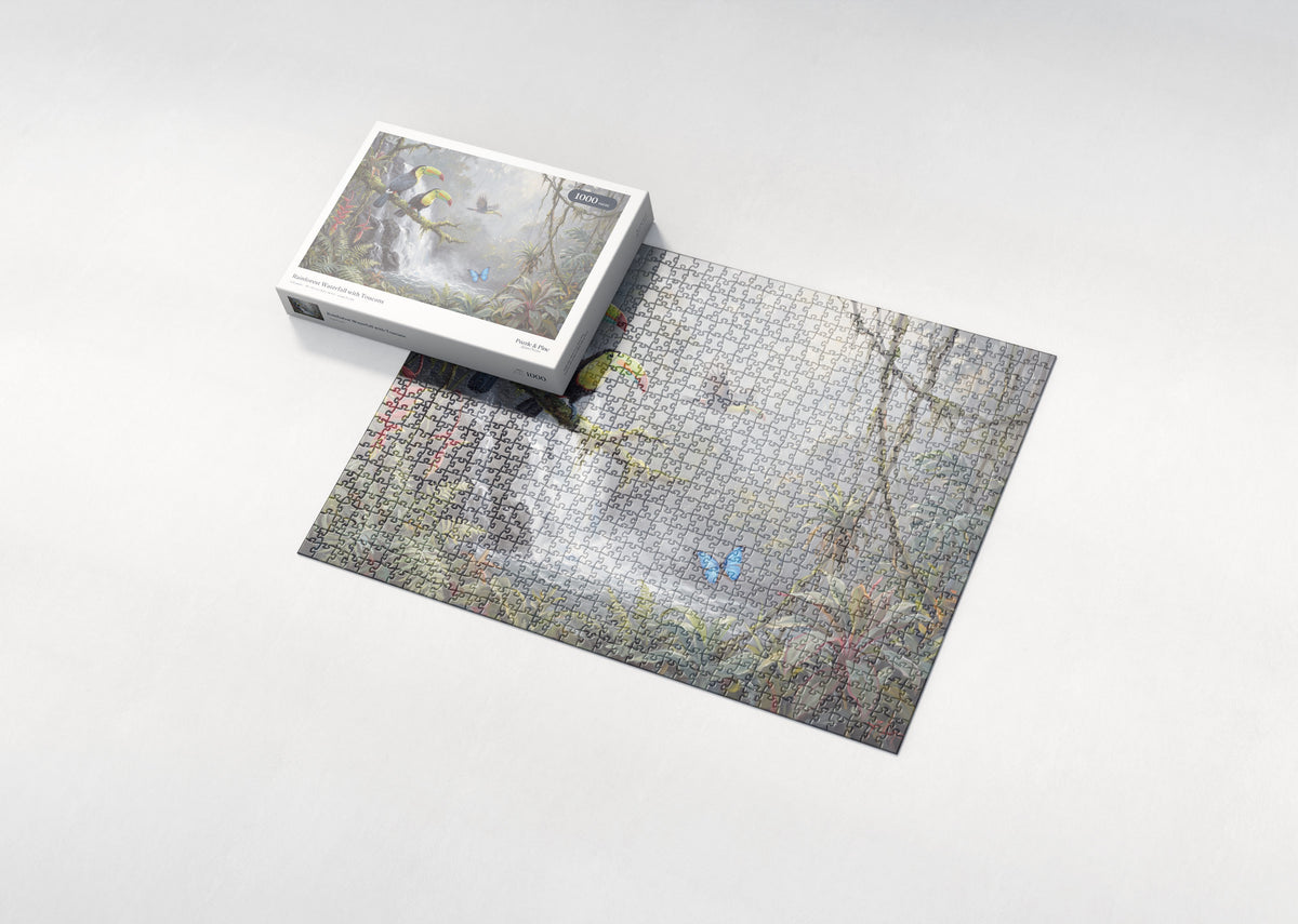 Rainforest Waterfall with Toucans jigsaw puzzle - box and puzzle