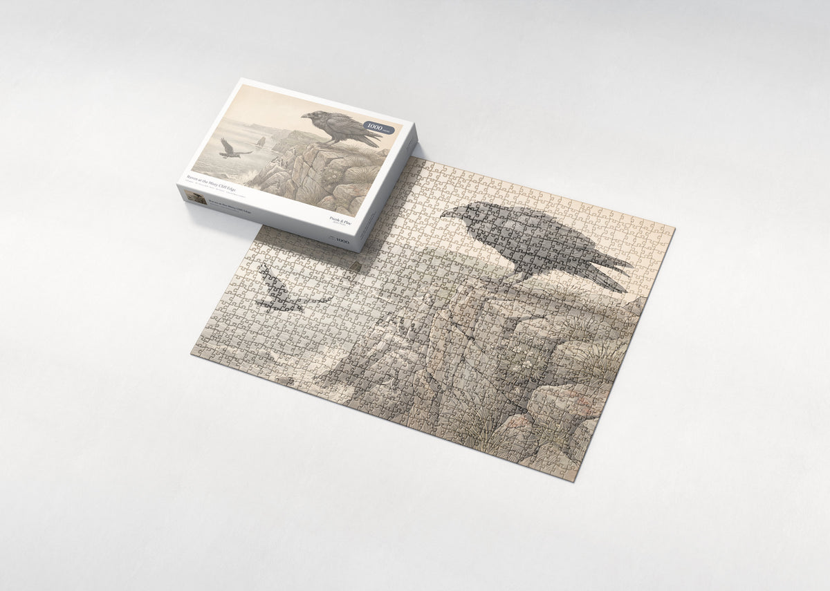 Raven at the Misty Cliff Edge jigsaw puzzle - box and puzzle