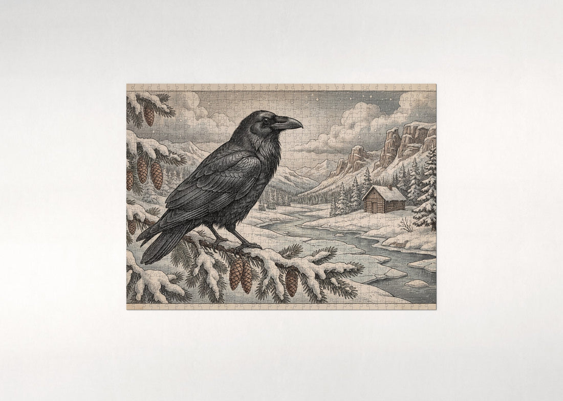 Raven on the Snowy Branch jigsaw puzzle - gift box