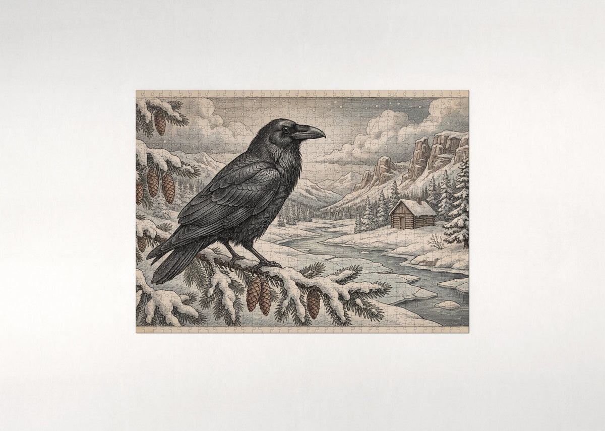 Raven on the Snowy Branch jigsaw puzzle - flat puzzle