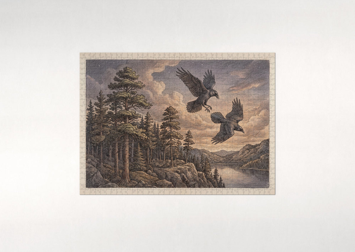Ravens Above the Twilight Pines jigsaw puzzle - flat puzzle