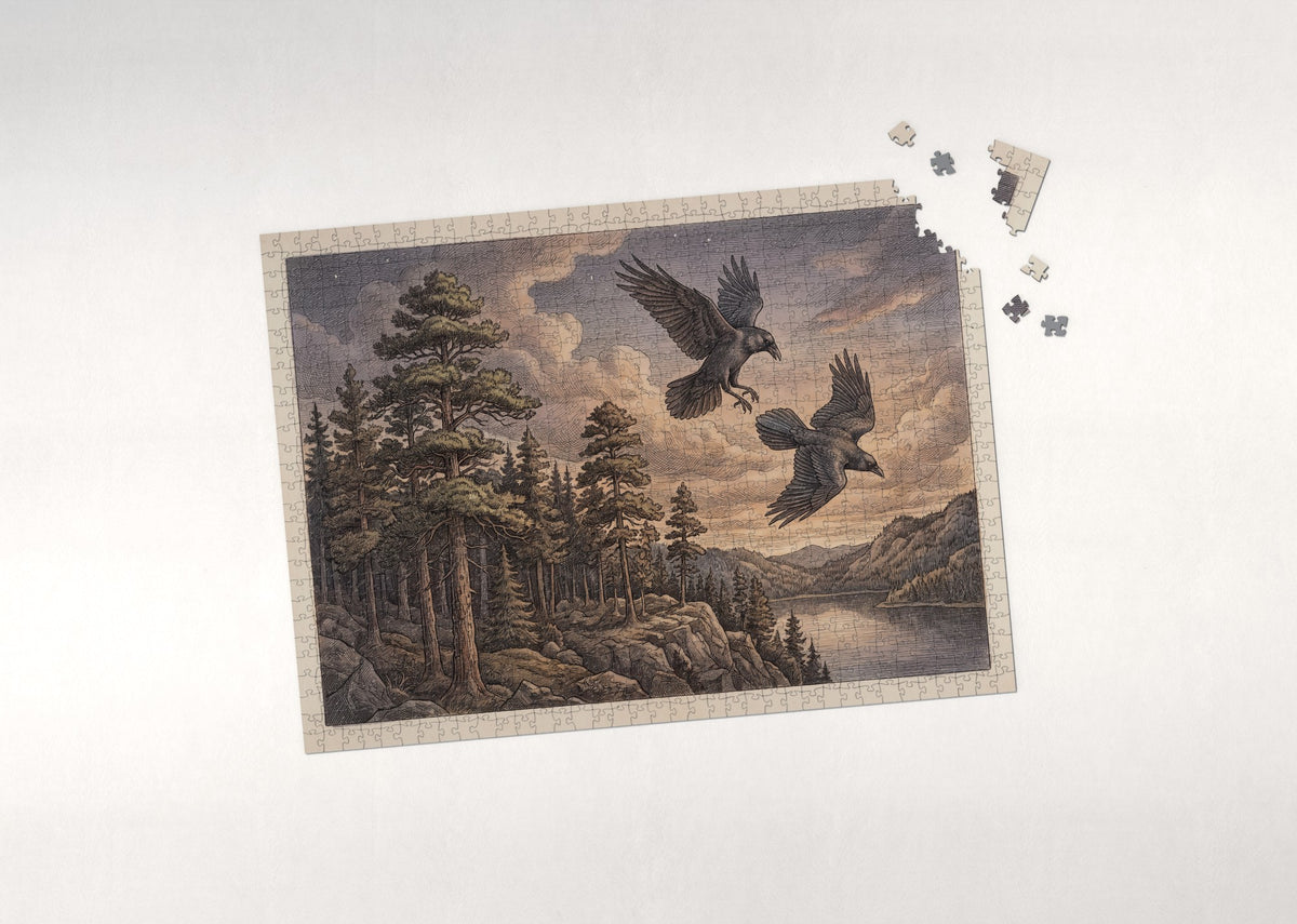Ravens Above the Twilight Pines jigsaw puzzle - puzzle with loose pieces