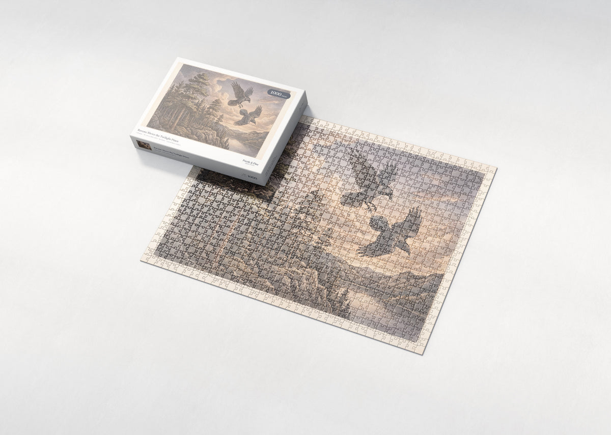 Ravens Above the Twilight Pines jigsaw puzzle - box and puzzle