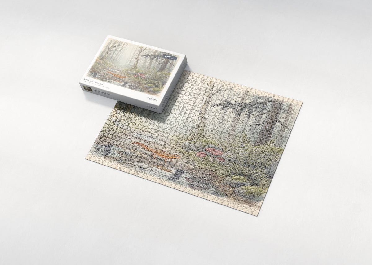 Red Eft on the Rainy Path jigsaw puzzle - box and puzzle