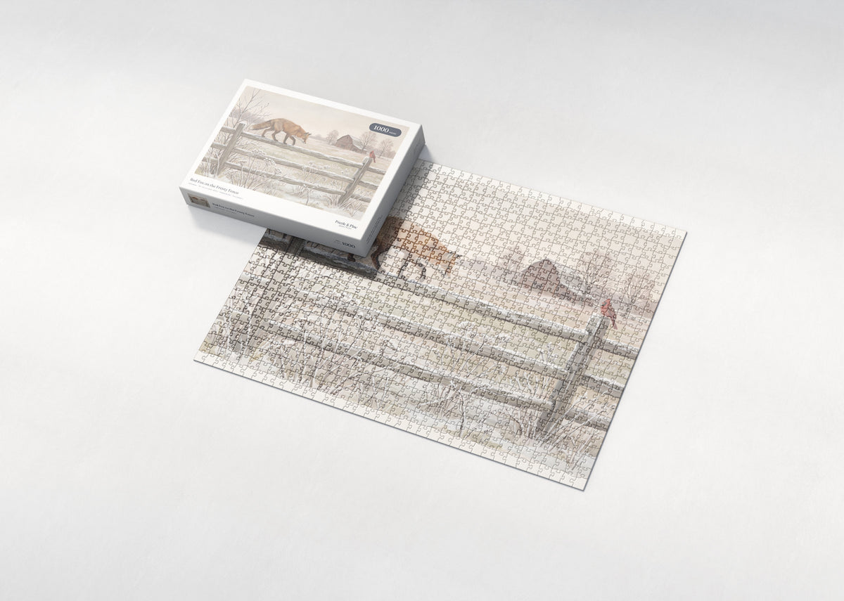 Red Fox on the Frosty Fence jigsaw puzzle - box and puzzle