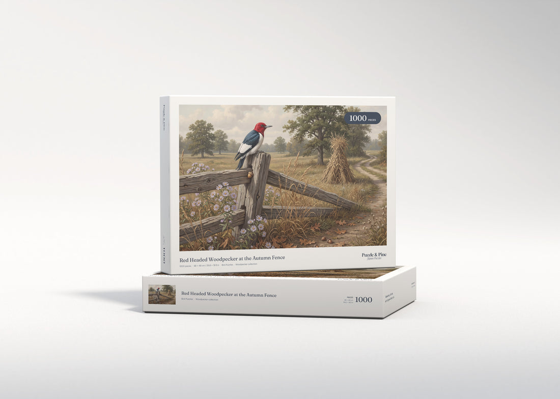 Red Headed Woodpecker at the Autumn Fence jigsaw puzzle - gift box