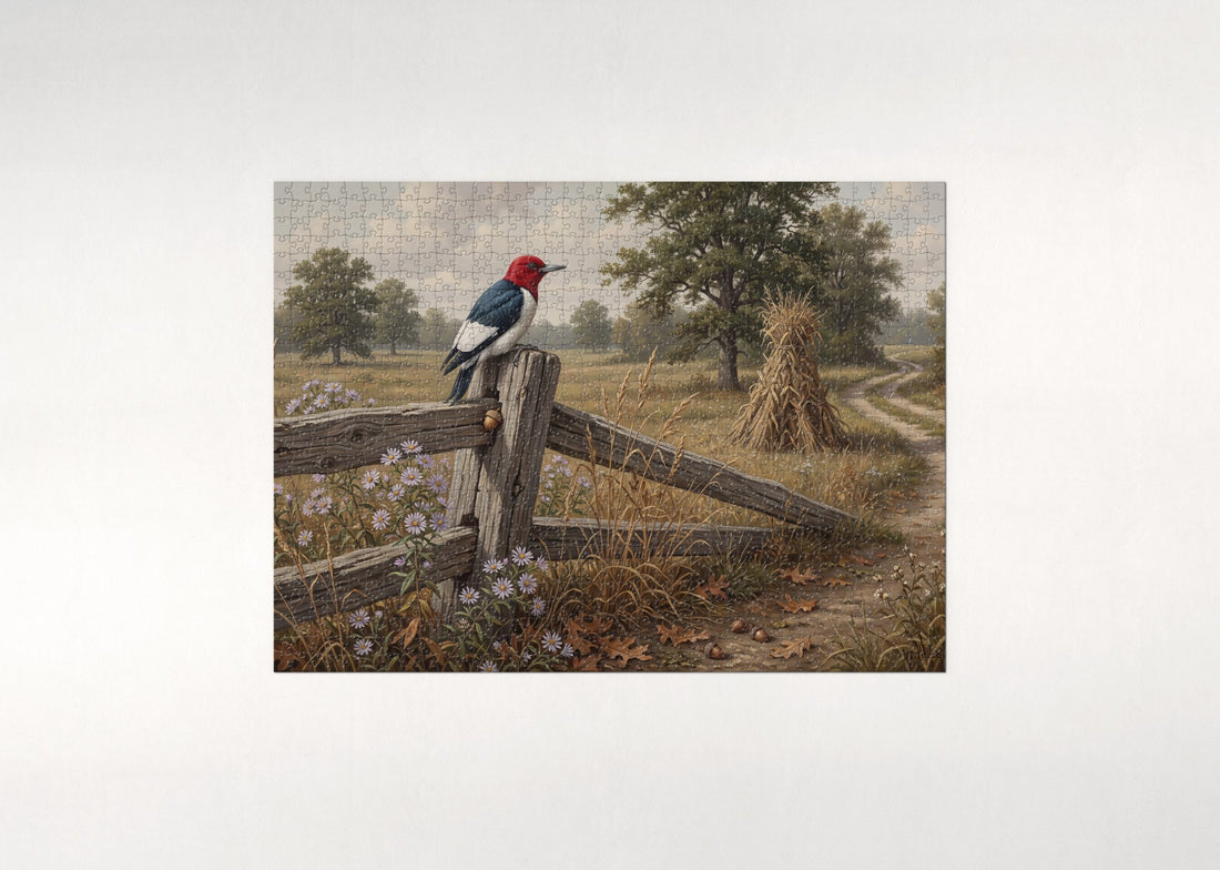 Red Headed Woodpecker at the Autumn Fence jigsaw puzzle - gift box
