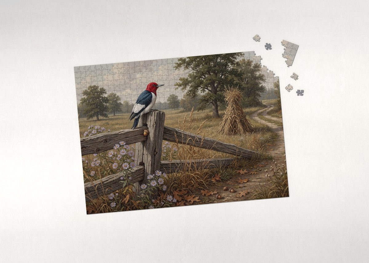 Red Headed Woodpecker at the Autumn Fence jigsaw puzzle - puzzle with loose pieces