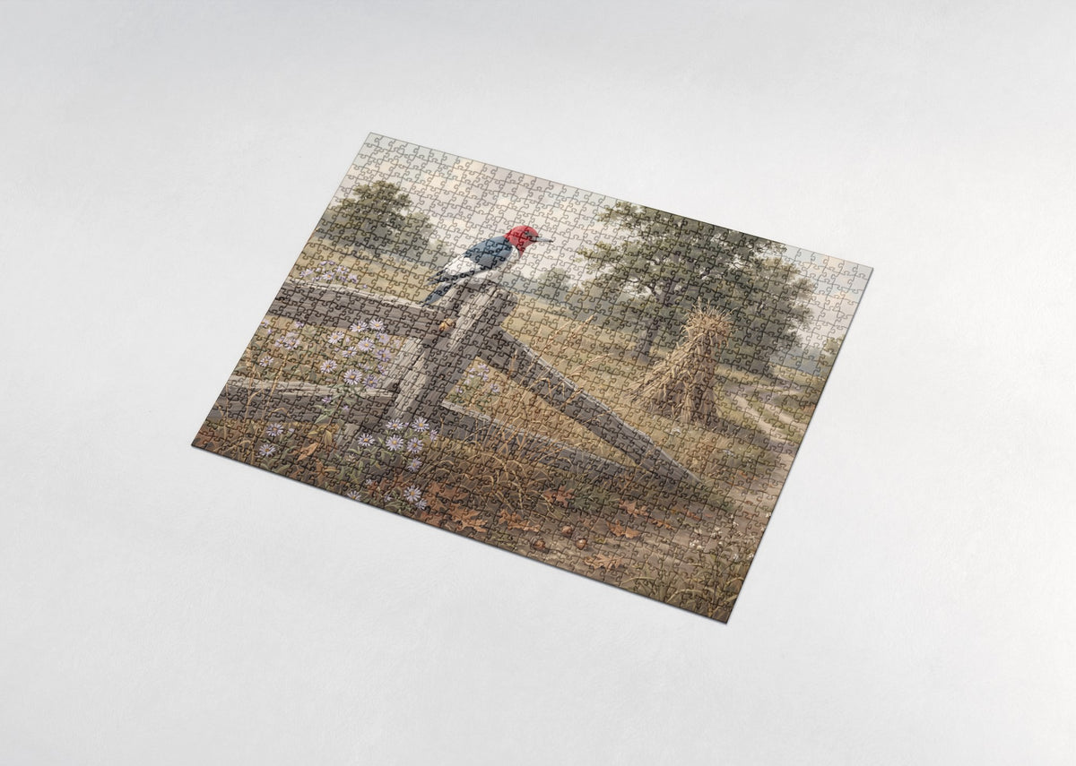 Red Headed Woodpecker at the Autumn Fence jigsaw puzzle - assembled puzzle