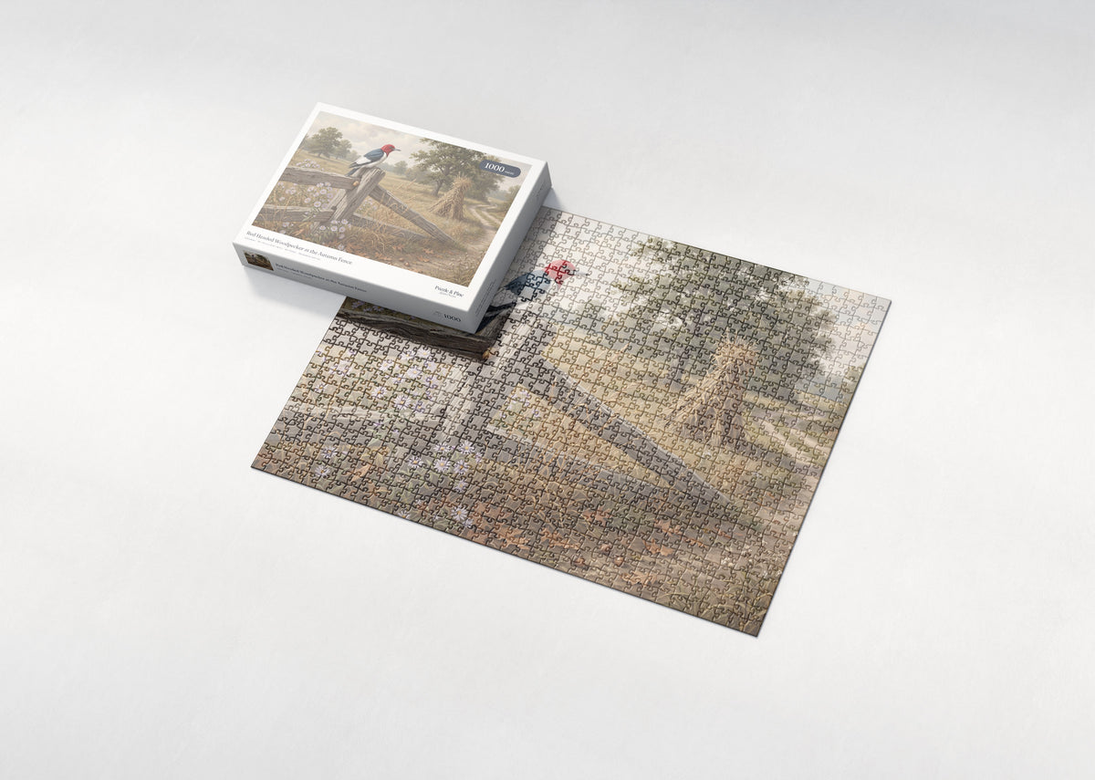 Red Headed Woodpecker at the Autumn Fence jigsaw puzzle - box and puzzle