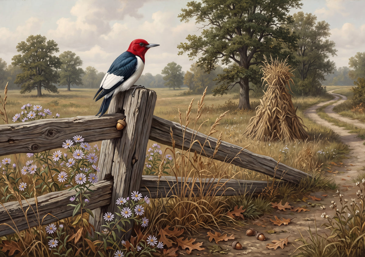 Red Headed Woodpecker at the Autumn Fence jigsaw puzzle