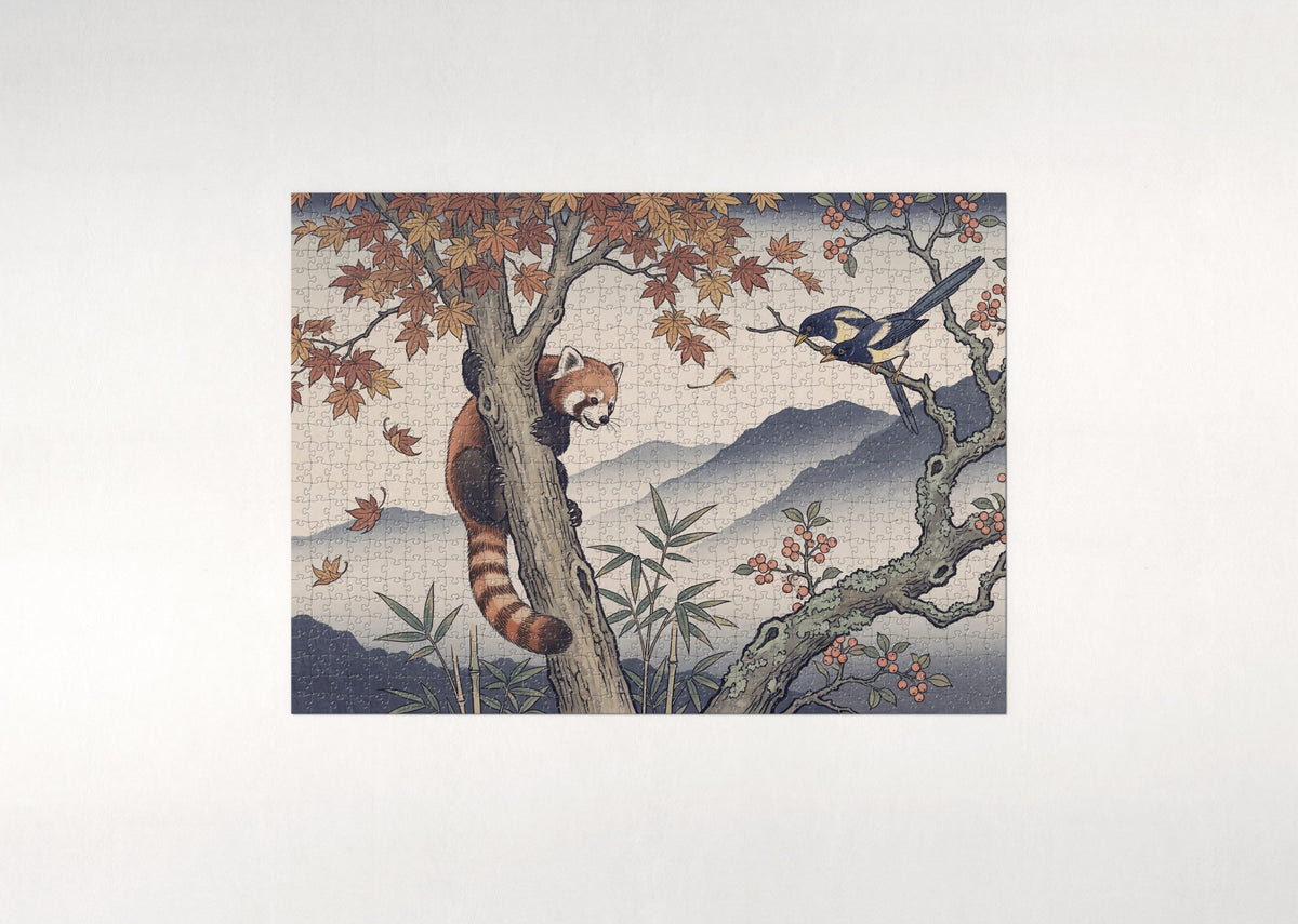 Red Panda Climbing the Autumn Tree jigsaw puzzle - flat puzzle