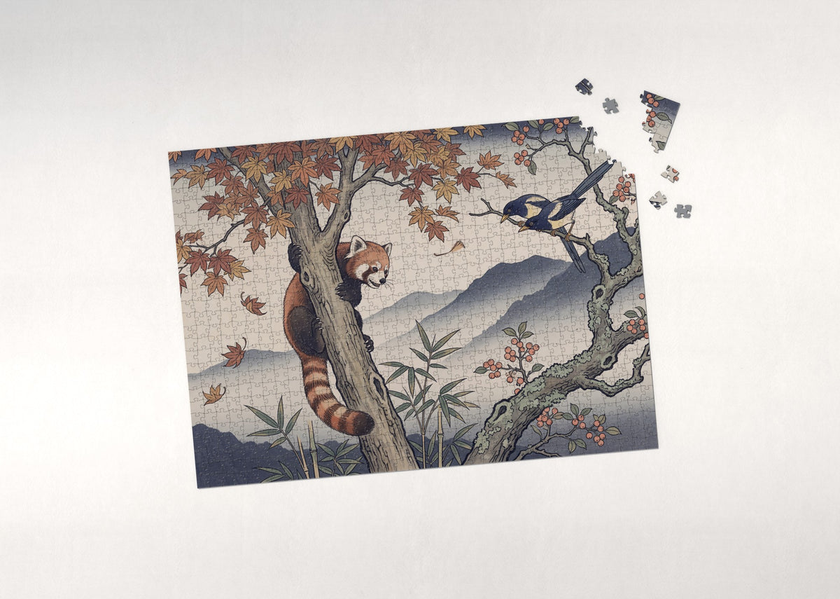 Red Panda Climbing the Autumn Tree jigsaw puzzle - puzzle with loose pieces
