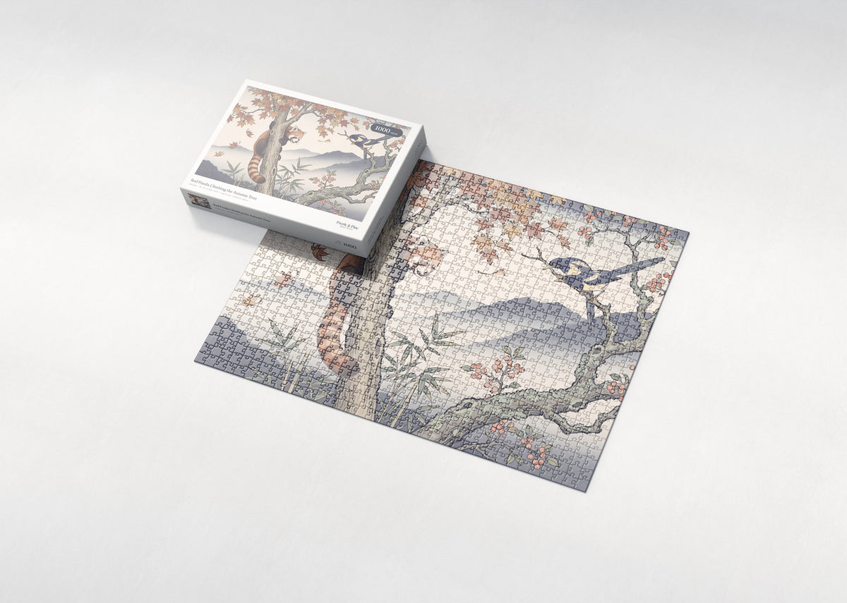 Red Panda Climbing the Autumn Tree jigsaw puzzle - box and puzzle