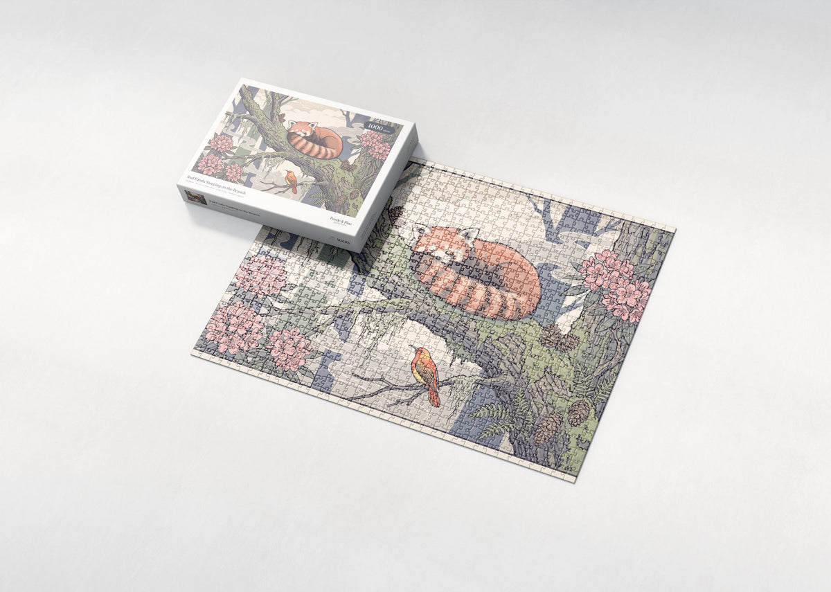 Red Panda Sleeping on the Branch jigsaw puzzle - box and puzzle