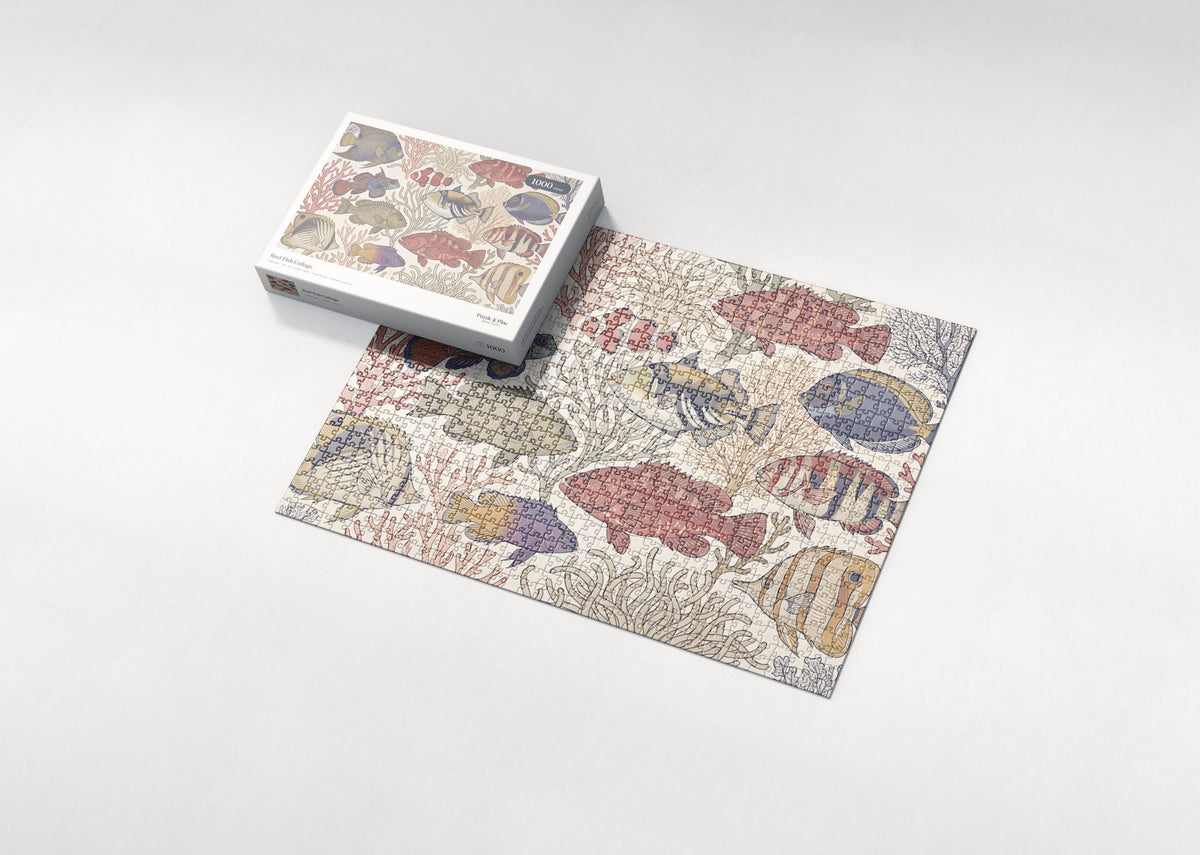 Reef Fish Collage jigsaw puzzle - box and puzzle