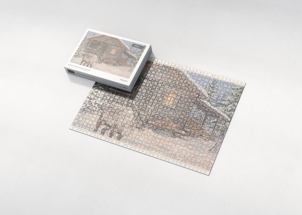 Reindeer in the Christmas Snowfall jigsaw puzzle - box and puzzle