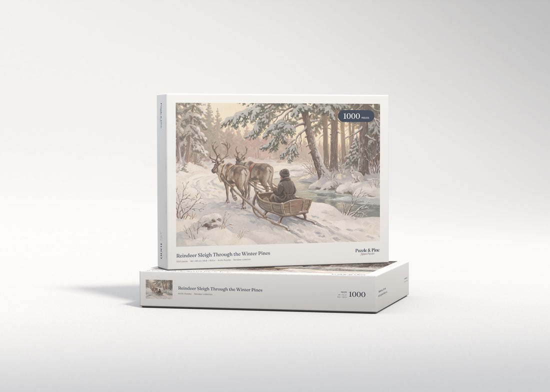 Reindeer Sleigh Through the Winter Pines jigsaw puzzle - gift box