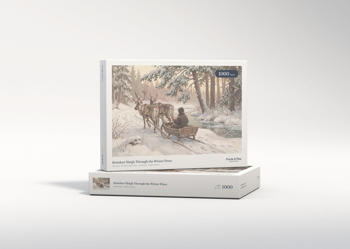 Reindeer Sleigh Through the Winter Pines jigsaw puzzle - gift box