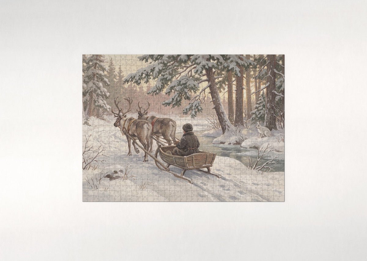 Reindeer Sleigh Through the Winter Pines jigsaw puzzle - flat puzzle