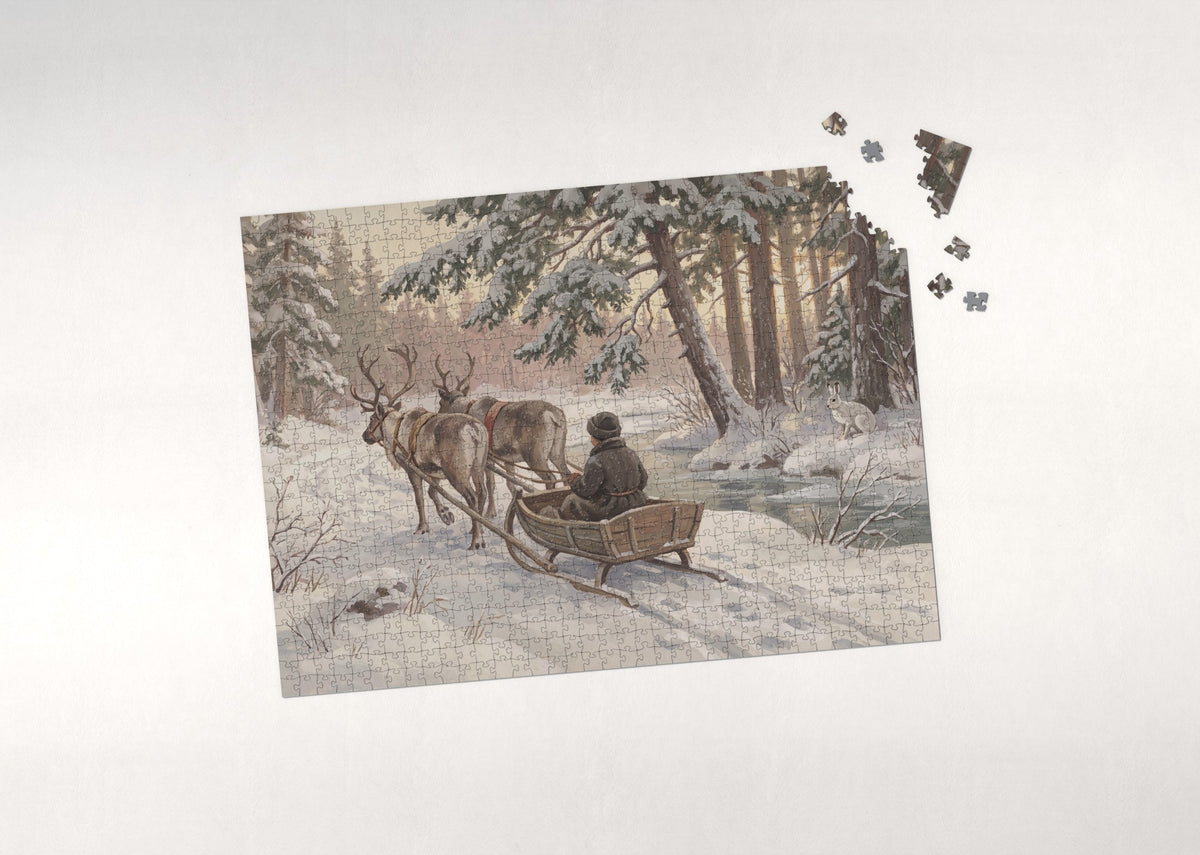 Reindeer Sleigh Through the Winter Pines jigsaw puzzle - puzzle with loose pieces