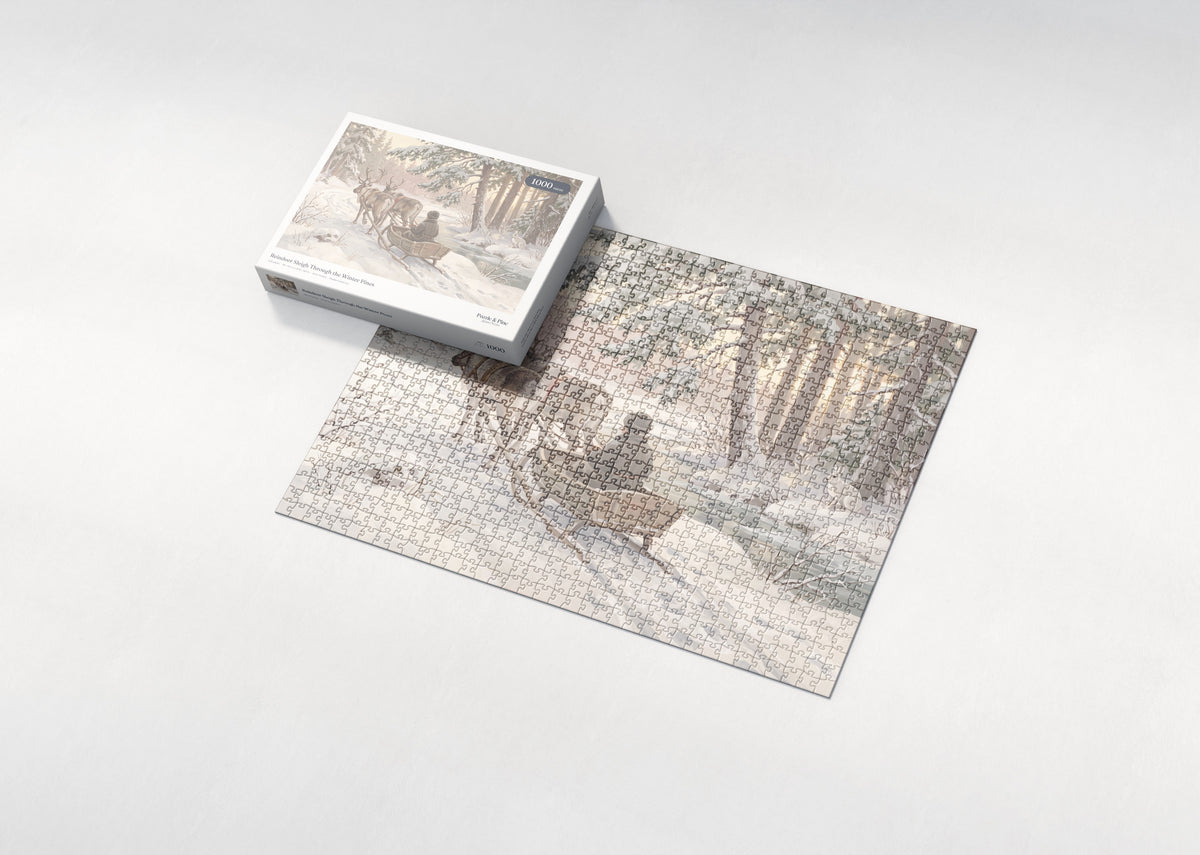 Reindeer Sleigh Through the Winter Pines jigsaw puzzle - box and puzzle
