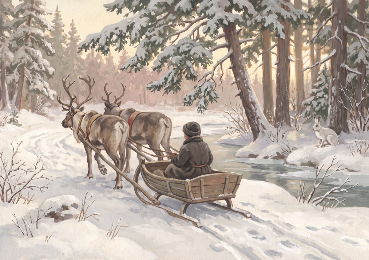 Reindeer Sleigh Through the Winter Pines jigsaw puzzle
