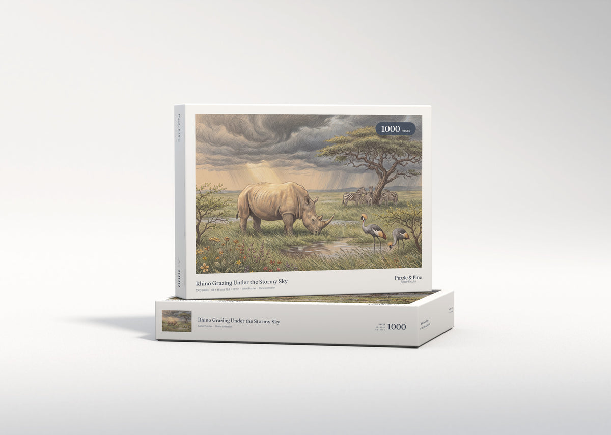 Rhino Grazing Under the Stormy Sky jigsaw puzzle - gift box