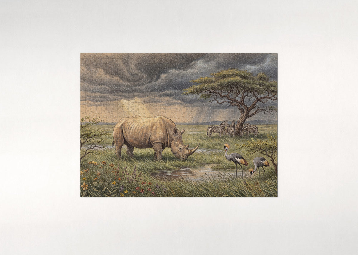 Rhino Grazing Under the Stormy Sky jigsaw puzzle - flat puzzle