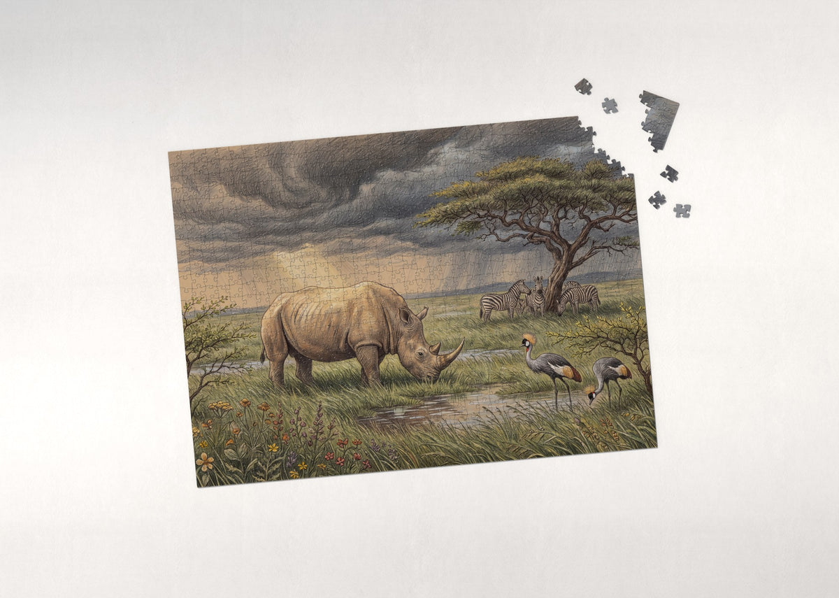 Rhino Grazing Under the Stormy Sky jigsaw puzzle - puzzle with loose pieces