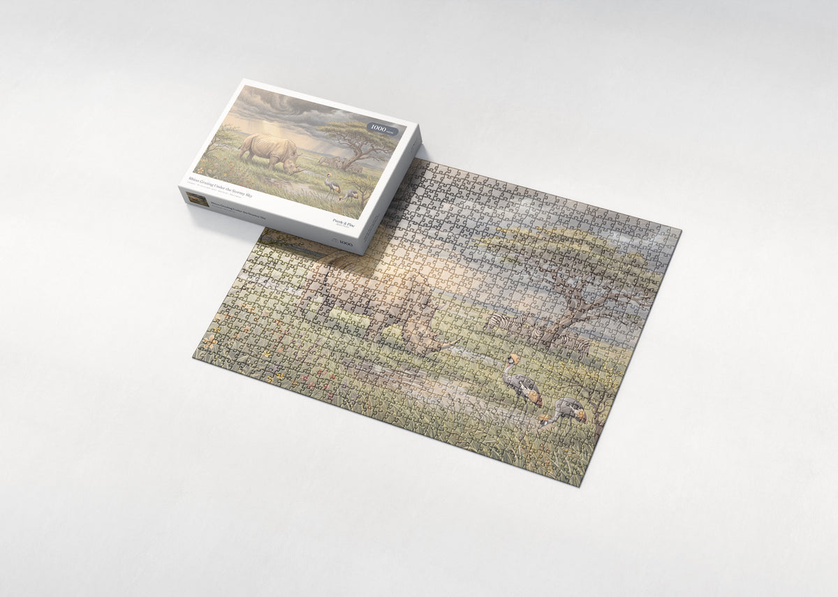 Rhino Grazing Under the Stormy Sky jigsaw puzzle - box and puzzle