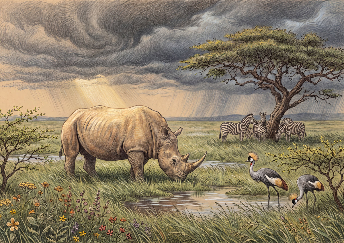 Rhino Grazing Under the Stormy Sky jigsaw puzzle
