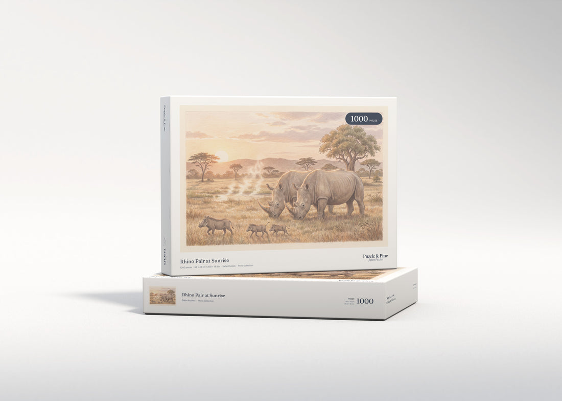 Rhino Pair at Sunrise jigsaw puzzle - gift box