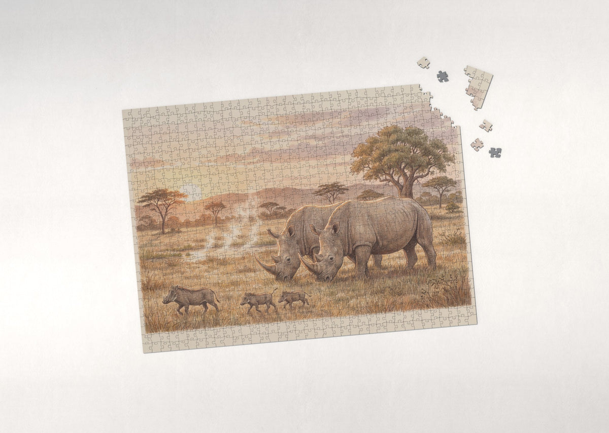Rhino Pair at Sunrise jigsaw puzzle - puzzle with loose pieces