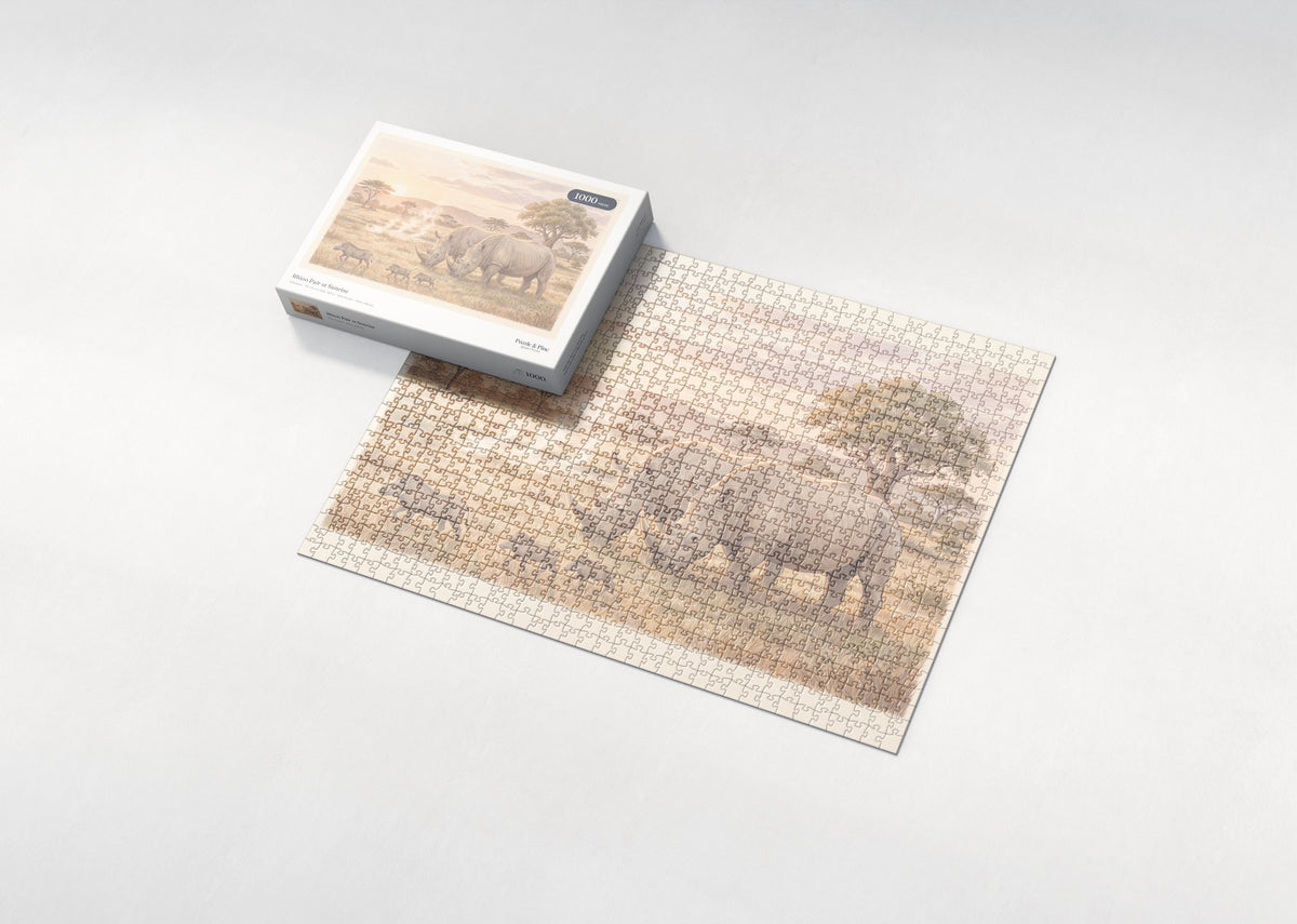 Rhino Pair at Sunrise jigsaw puzzle - box and puzzle