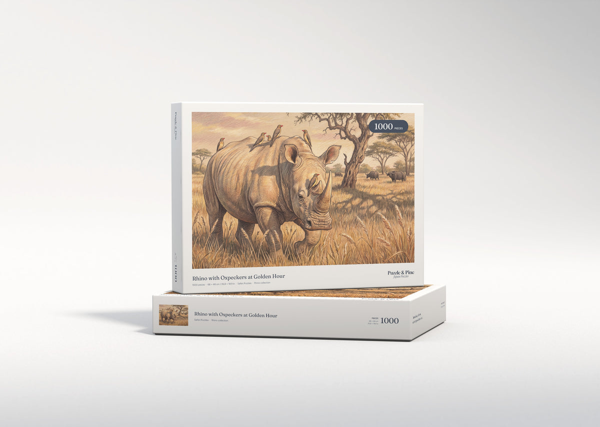 Rhino with Oxpeckers at Golden Hour jigsaw puzzle - gift box