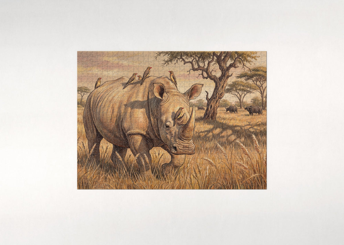 Rhino with Oxpeckers at Golden Hour jigsaw puzzle - flat puzzle