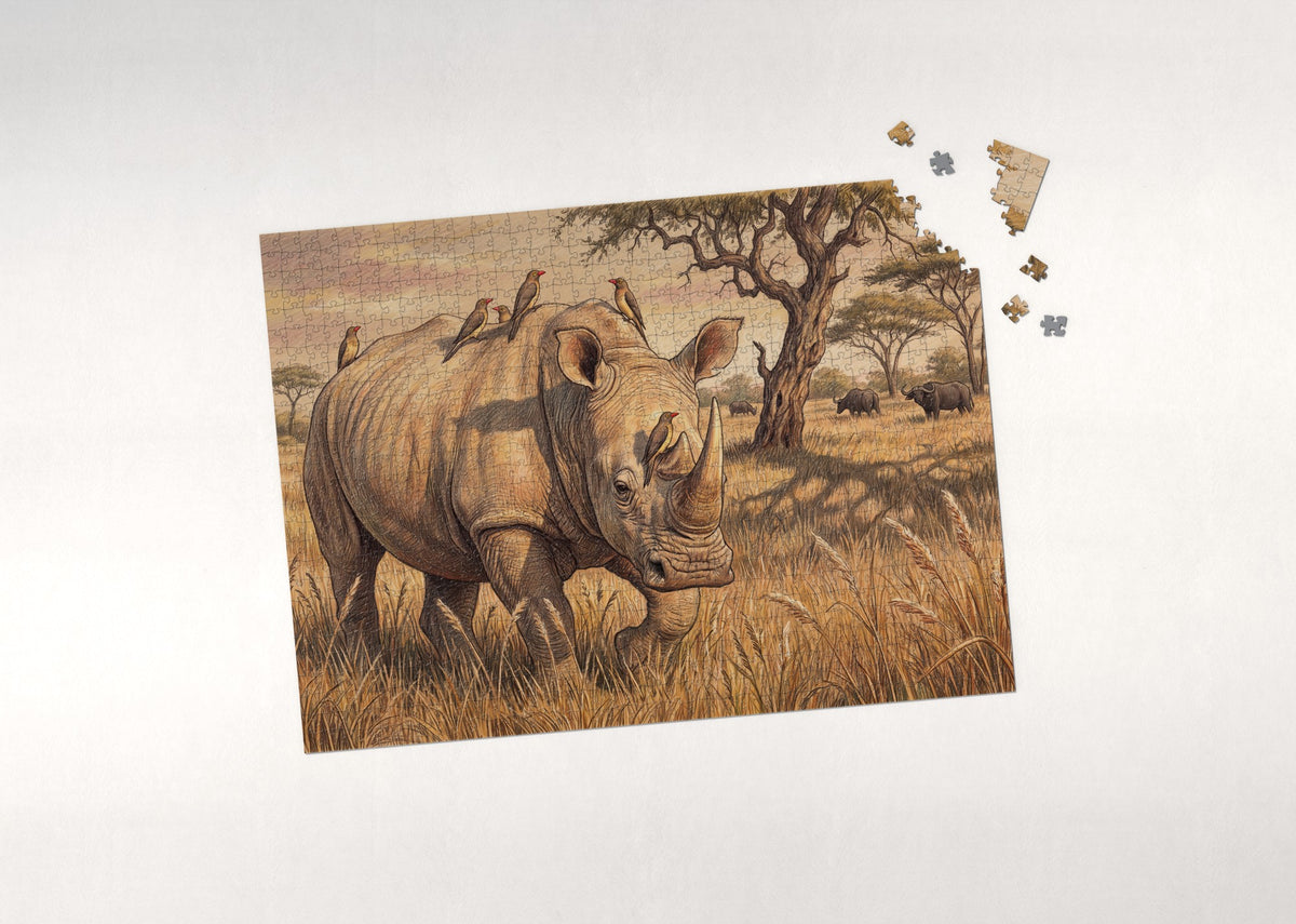 Rhino with Oxpeckers at Golden Hour jigsaw puzzle - puzzle with loose pieces
