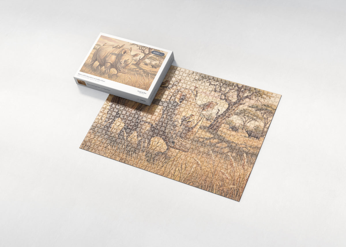 Rhino with Oxpeckers at Golden Hour jigsaw puzzle - box and puzzle