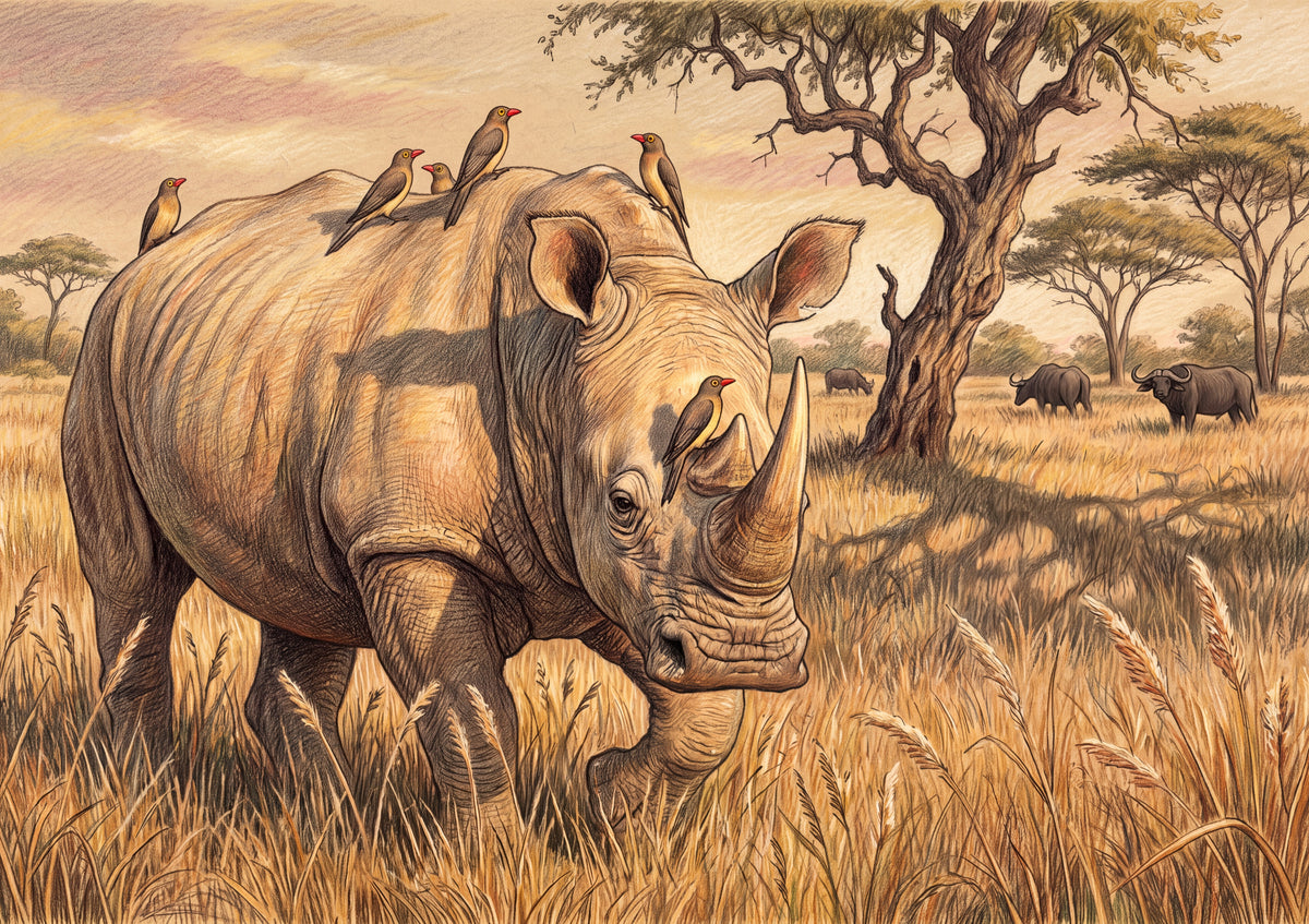 Rhino with Oxpeckers at Golden Hour jigsaw puzzle