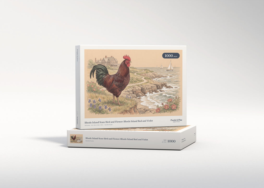 Rhode Island State Bird and Flower: Rhode Island Red and Violet jigsaw puzzle - gift box
