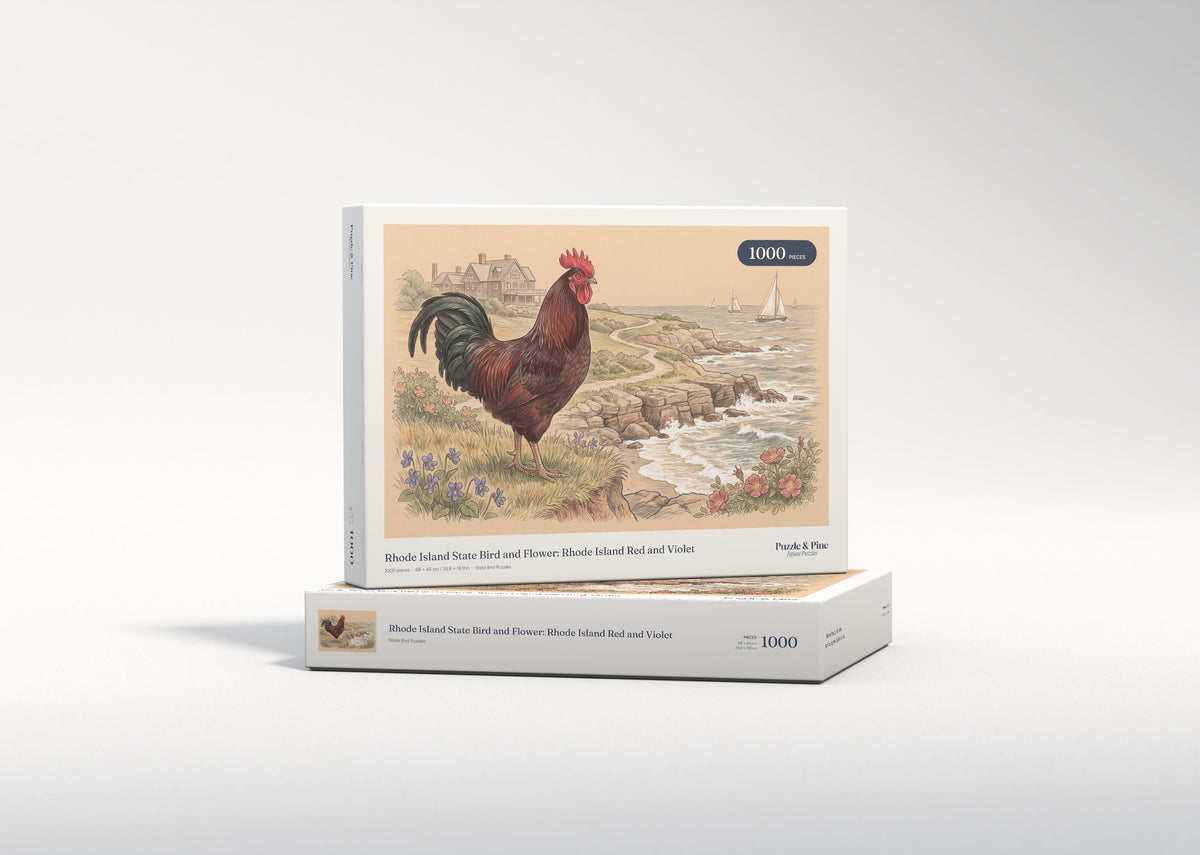 Rhode Island State Bird and Flower: Rhode Island Red and Violet jigsaw puzzle - gift box