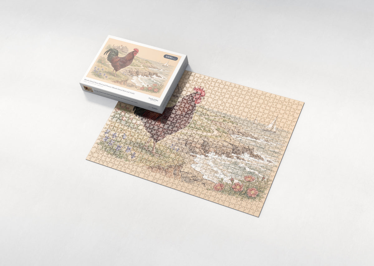 Rhode Island State Bird and Flower: Rhode Island Red and Violet jigsaw puzzle - box and puzzle