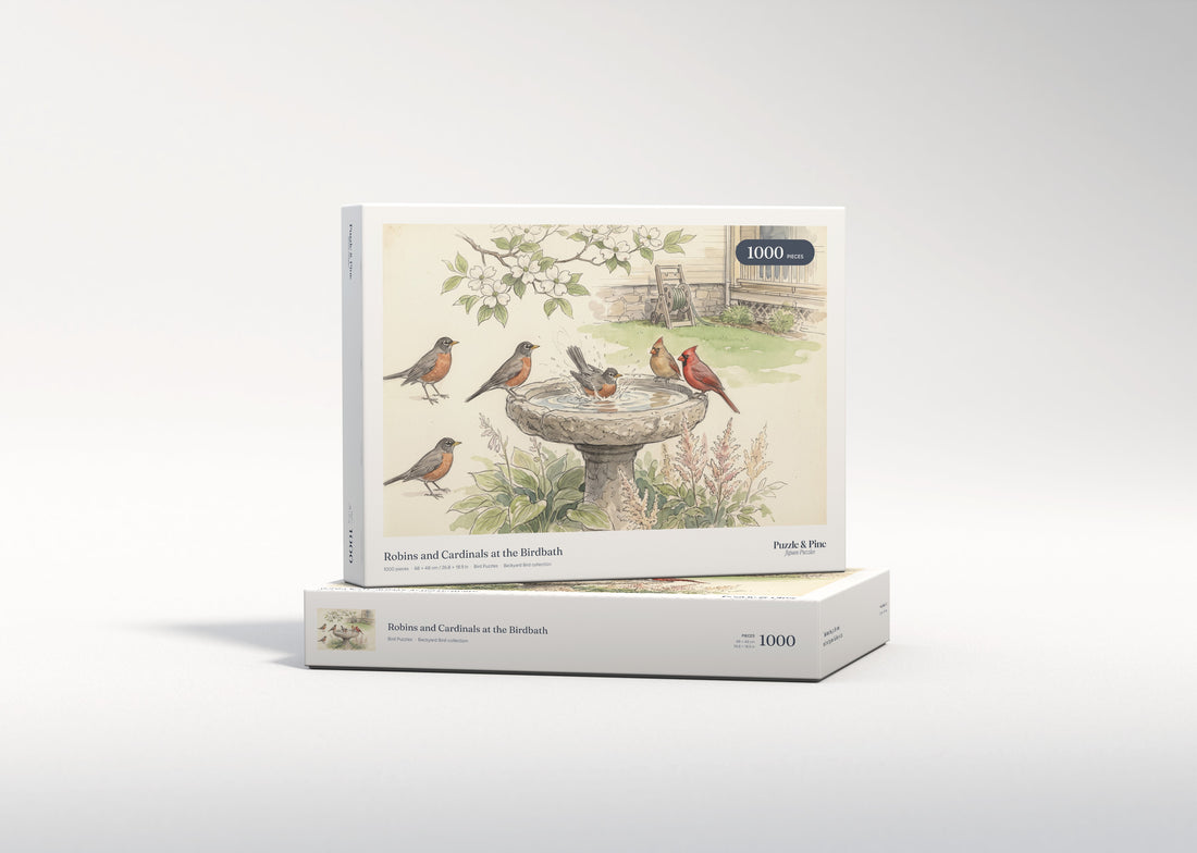 Robins and Cardinals at the Birdbath jigsaw puzzle - gift box