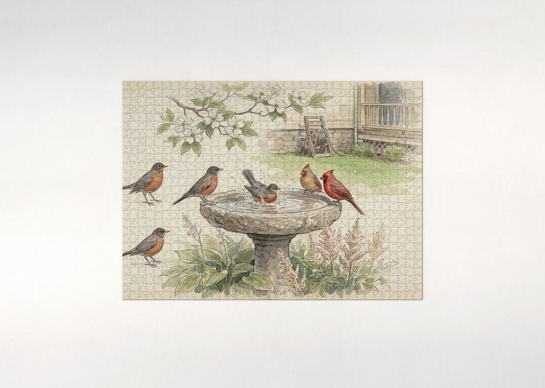 Robins and Cardinals at the Birdbath jigsaw puzzle - gift box