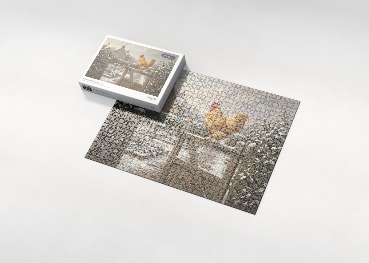 Rooster at the Garden Gate jigsaw puzzle - box and puzzle