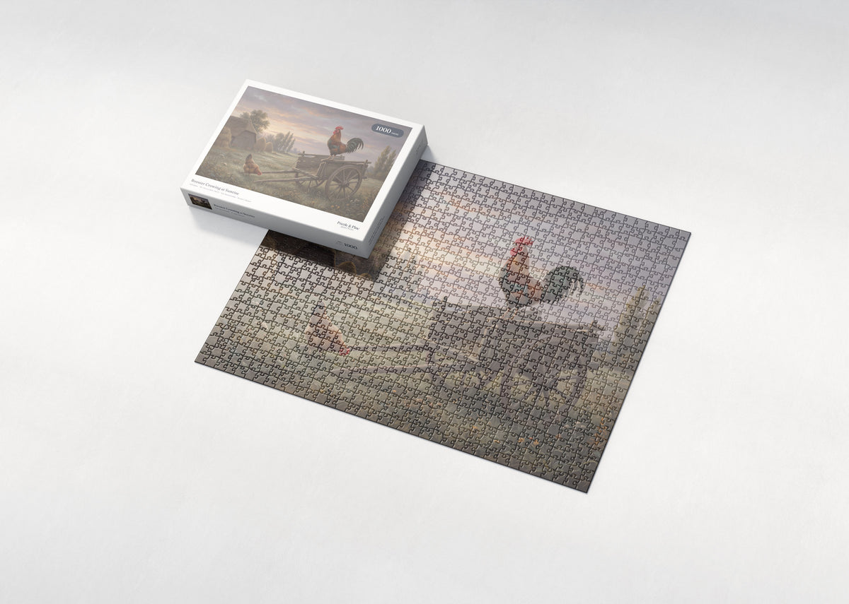 Rooster Crowing at Sunrise jigsaw puzzle - box and puzzle