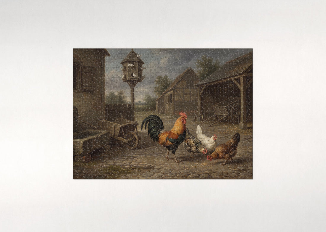 Rooster in the Farmyard with Hens jigsaw puzzle - gift box