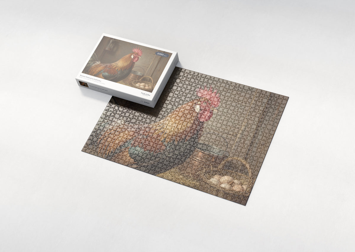 Rooster Portrait in Full Color jigsaw puzzle - box and puzzle